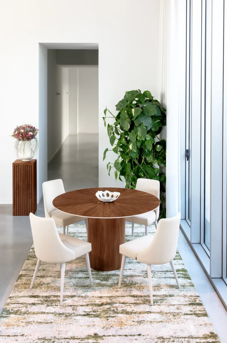 Sala Jantar Mesa De Jantar Geneve Redonda Ø 130 Cm Tampo Espinhado E Pé Em Nogueira Natural Pormenor Do Tampo Lacado A Pérola